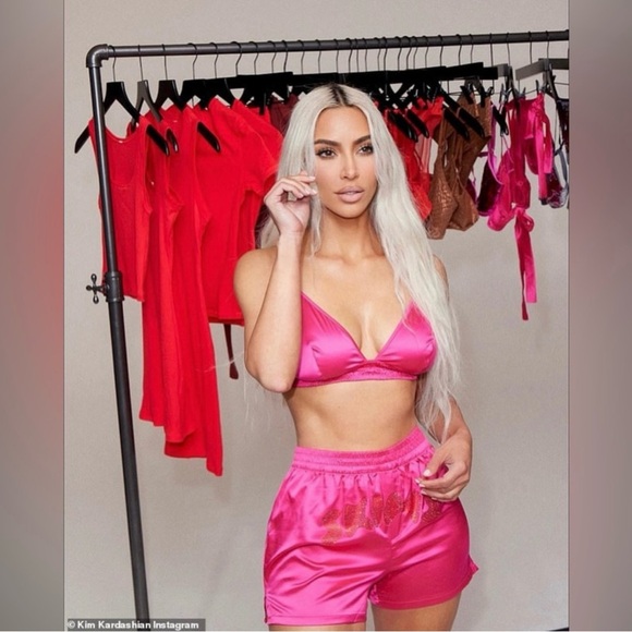 SKIMS Woven Shine Rhinestone Logo BOXERS & BRA in Raspberry